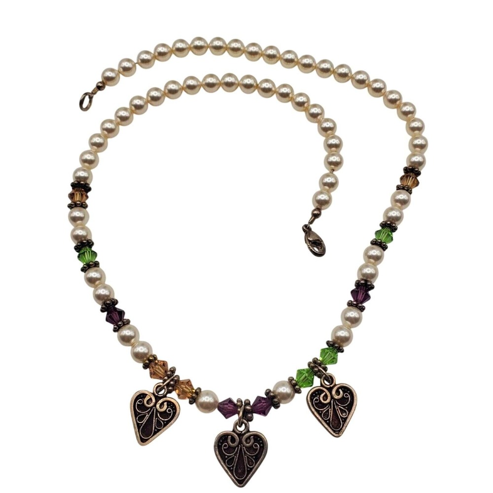 Faux Pearl Glass‎ Bead Necklace Silver Heart Charm Boho Artisan Sweetheart Retro